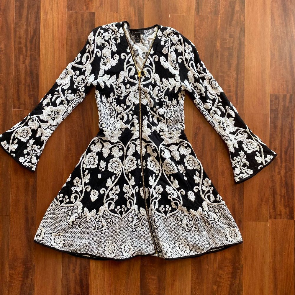 INC Black & White Long Sleeve Floral Short Dress w/ Zipper, Medium